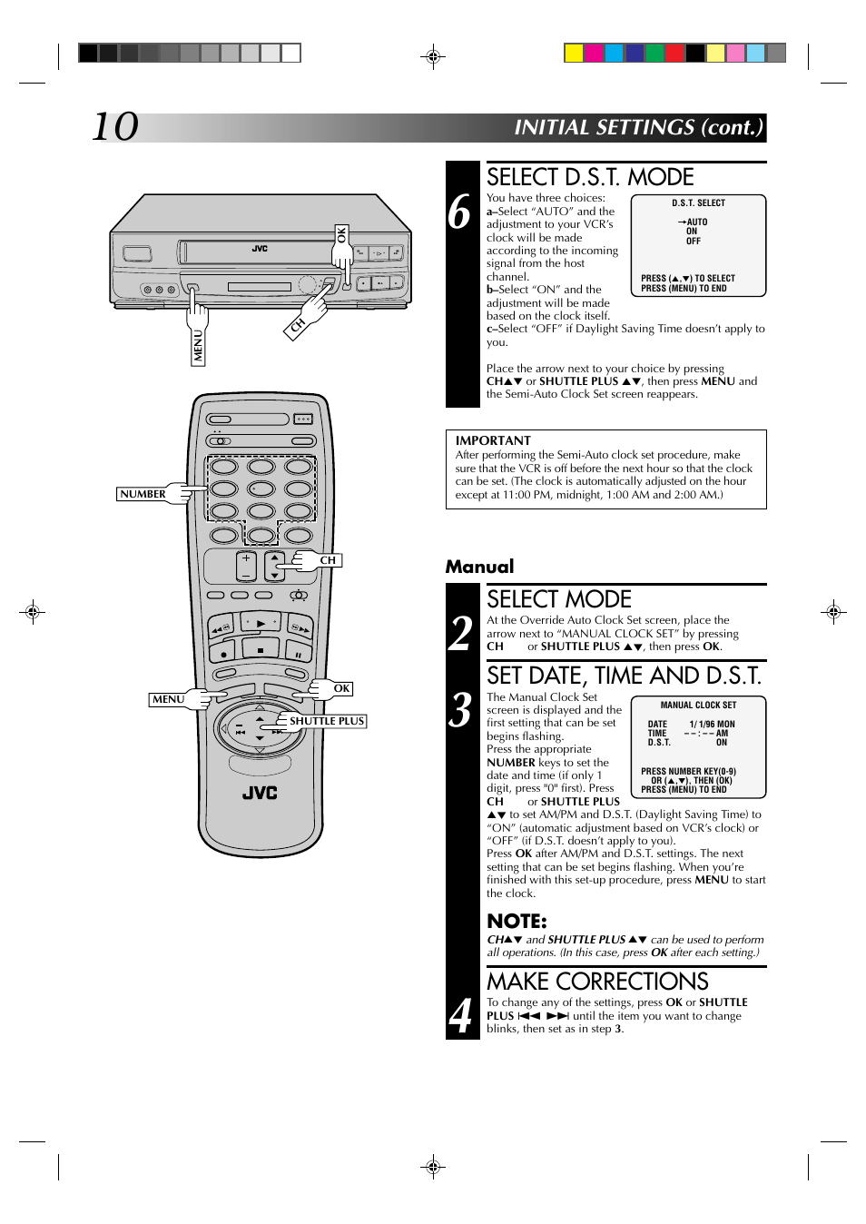 Select d.s.t. mode, Select mode, Set date, time and d.s.t | Make corrections, Initial settings (cont.), Manual | JVC HR-J633U User Manual | Page 10 / 48