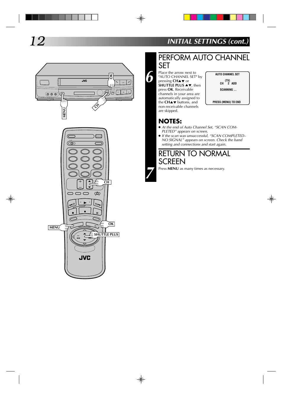 Perform auto channel set, Return to normal screen, Initial settings (cont.) | JVC HR-J633U User Manual | Page 12 / 48