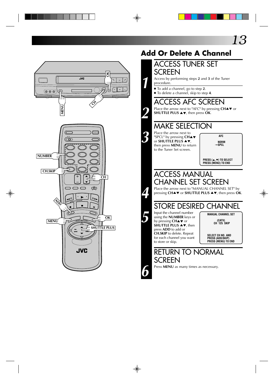 Access tuner set screen, Access afc screen, Make selection | Access manual channel set screen, Store desired channel, Return to normal screen, Add or delete a channel | JVC HR-J633U User Manual | Page 13 / 48