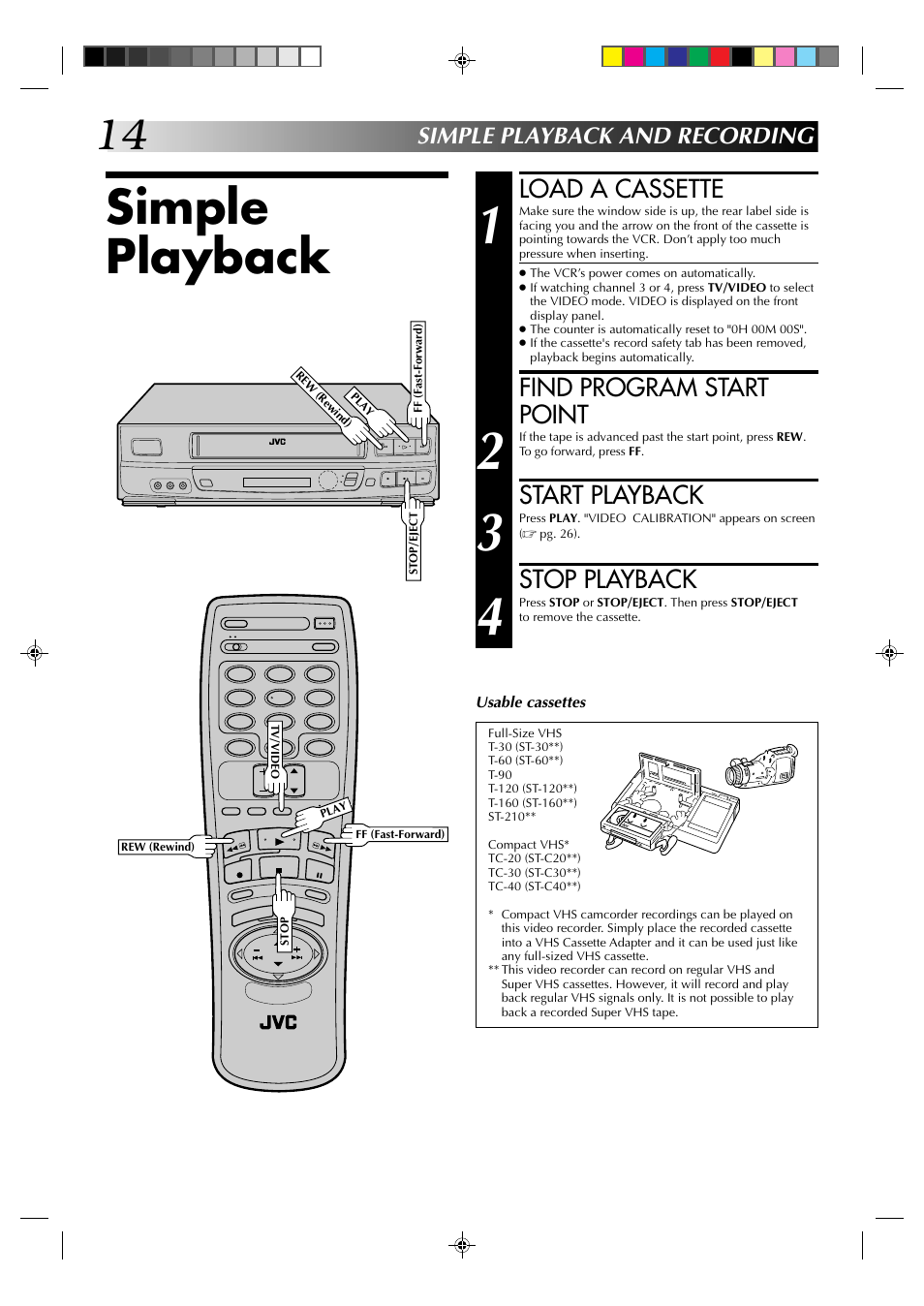 Simple playback, Load a cassette, Find program start point | Start playback, Stop playback, Simple playback and recording | JVC HR-J633U User Manual | Page 14 / 48