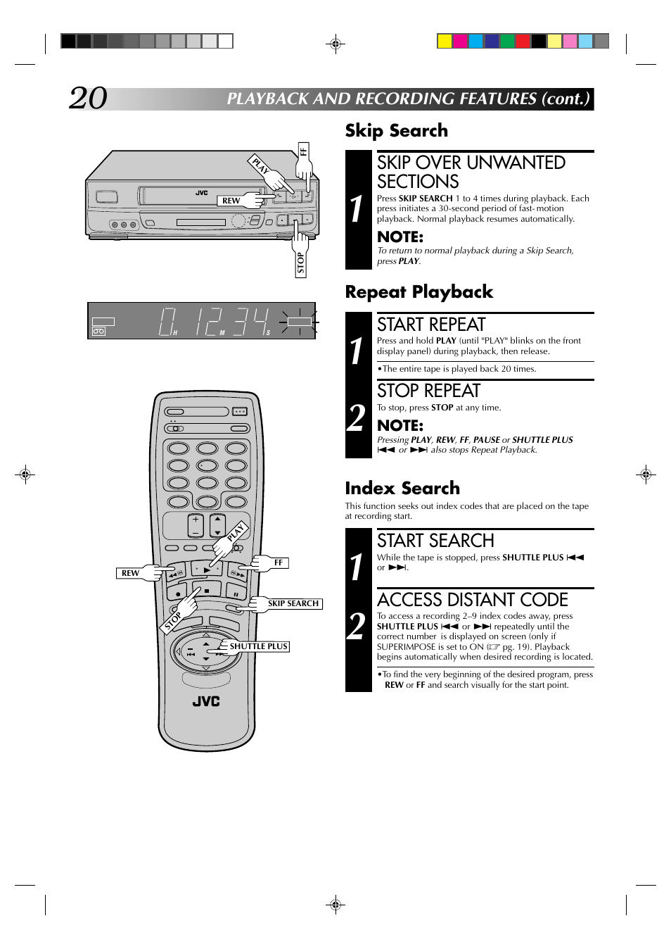 Start repeat, Stop repeat, Start search | Access distant code, Skip search repeat playback, Index search, Playback and recording features (cont.) | JVC HR-J633U User Manual | Page 20 / 48