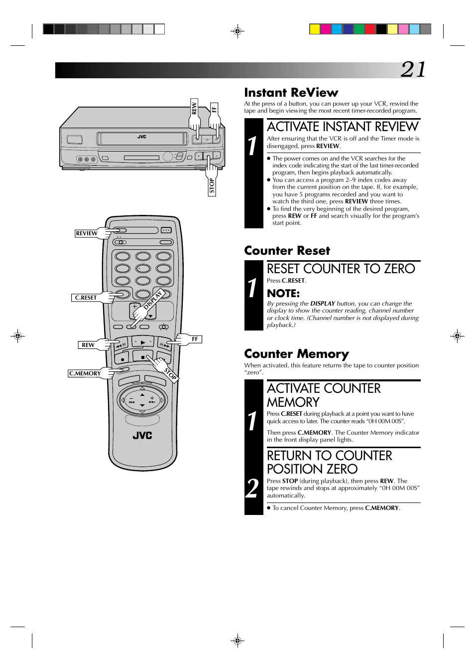 Activate instant review, Reset counter to zero, Return to counter position zero | Instant review, Counter reset | JVC HR-J633U User Manual | Page 21 / 48