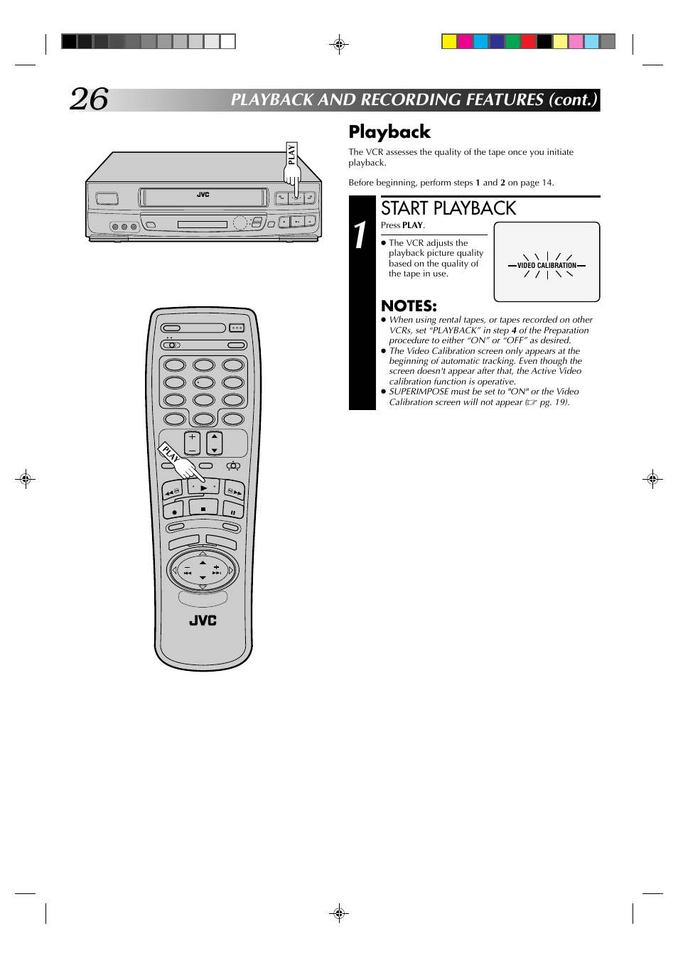 Start playback, Playback and recording features (cont.) playback | JVC HR-J633U User Manual | Page 26 / 48