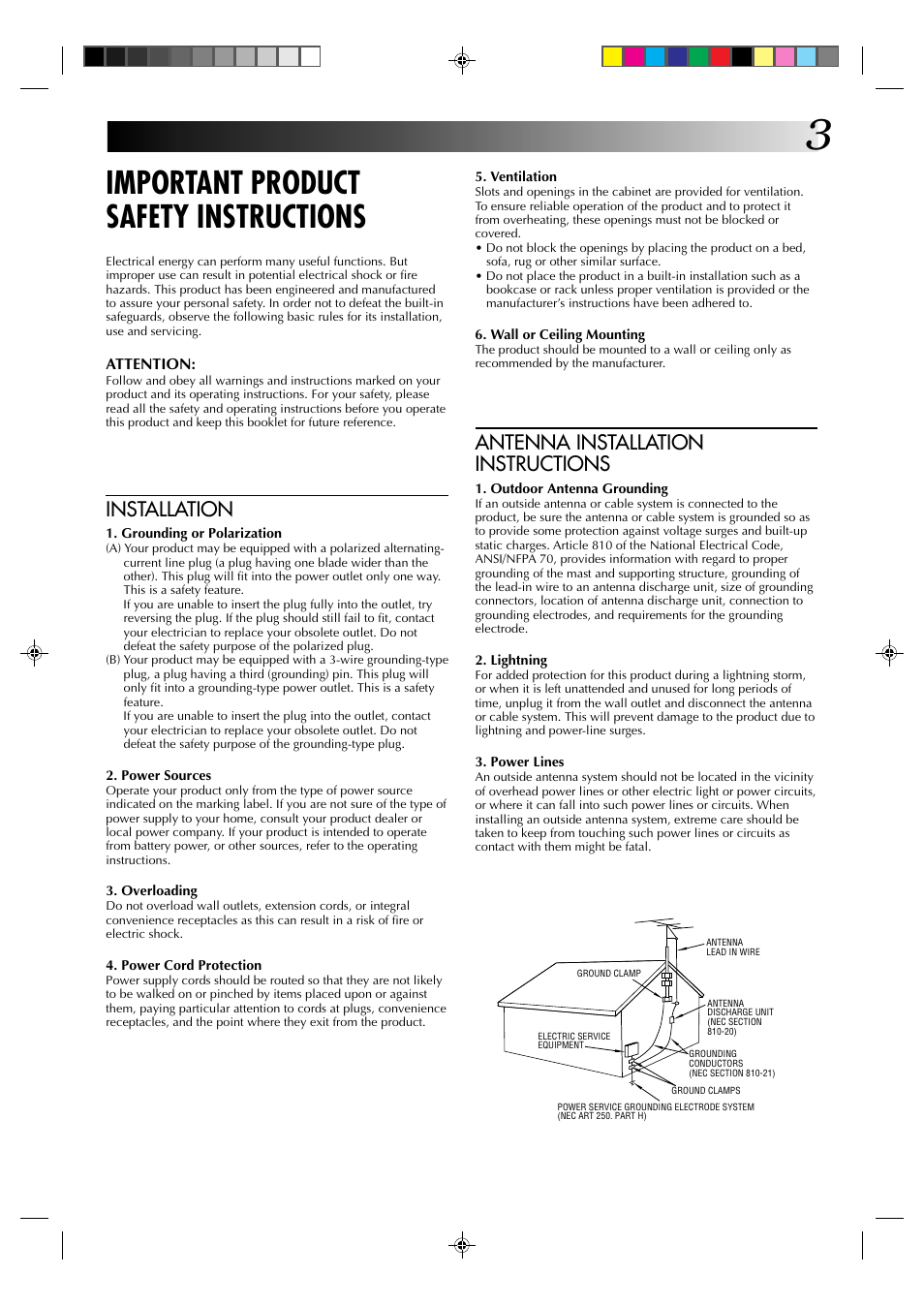 Important product safety instructions, Installation, Antenna installation instructions | JVC HR-J633U User Manual | Page 3 / 48