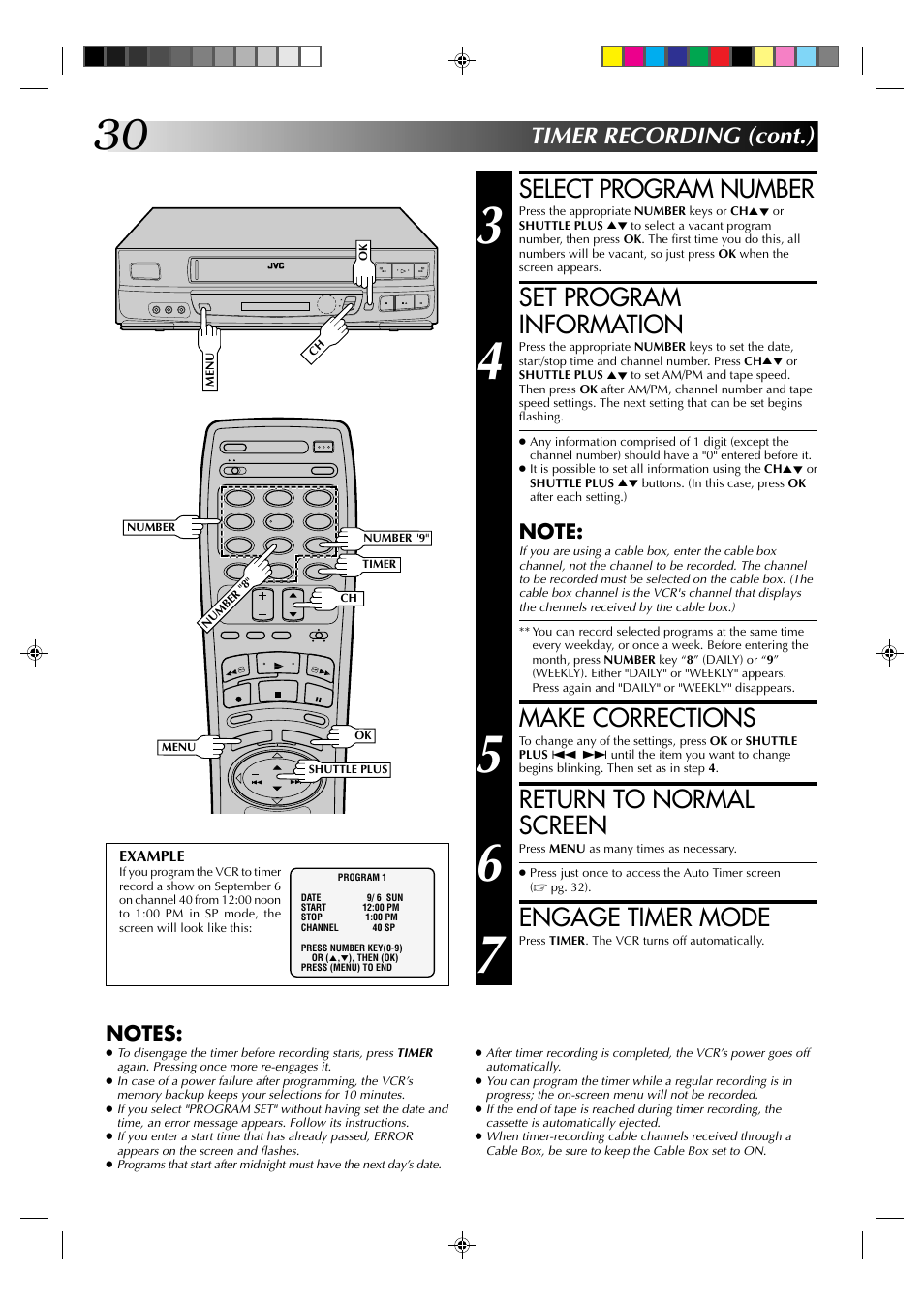 Select program number, Set program information, Make corrections | Return to normal screen, Engage timer mode, Timer recording (cont.) | JVC HR-J633U User Manual | Page 30 / 48