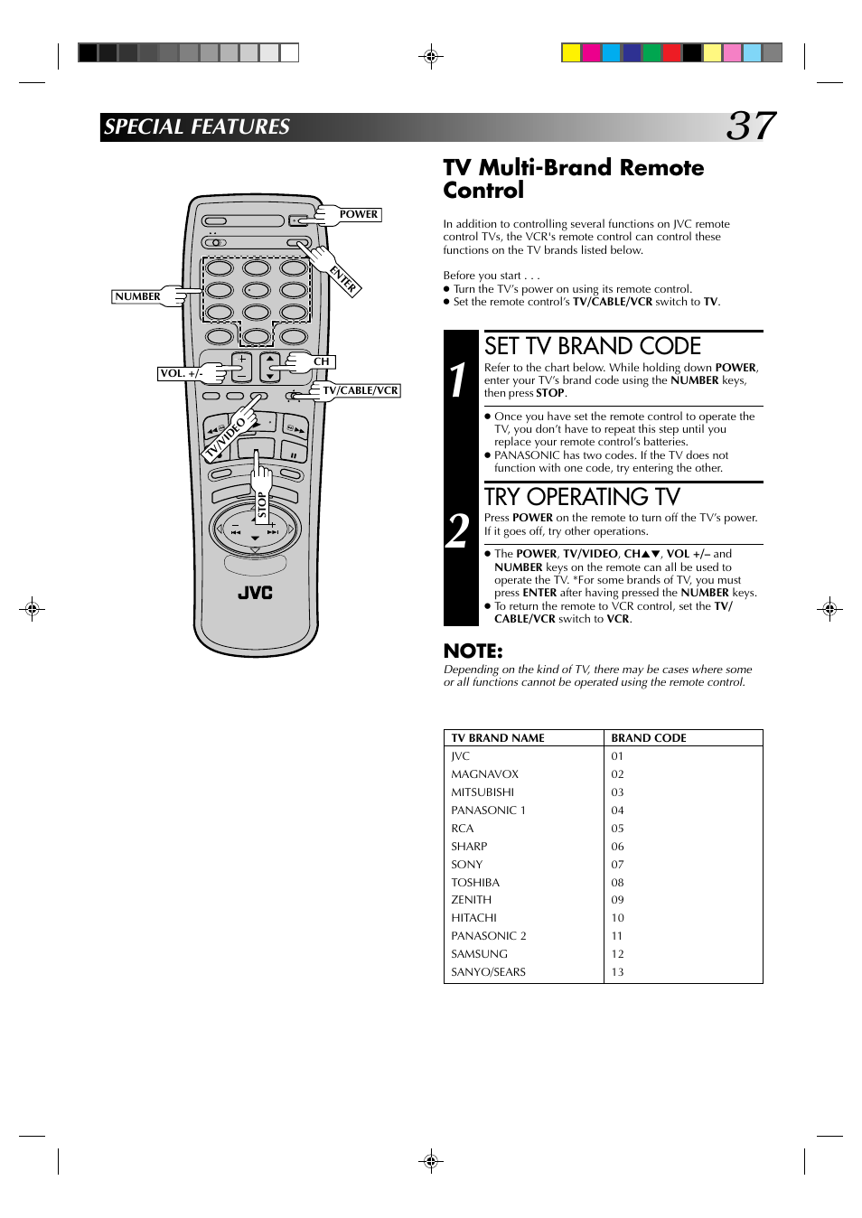 Set tv brand code, Try operating tv, Special features tv multi-brand remote control | JVC HR-J633U User Manual | Page 37 / 48