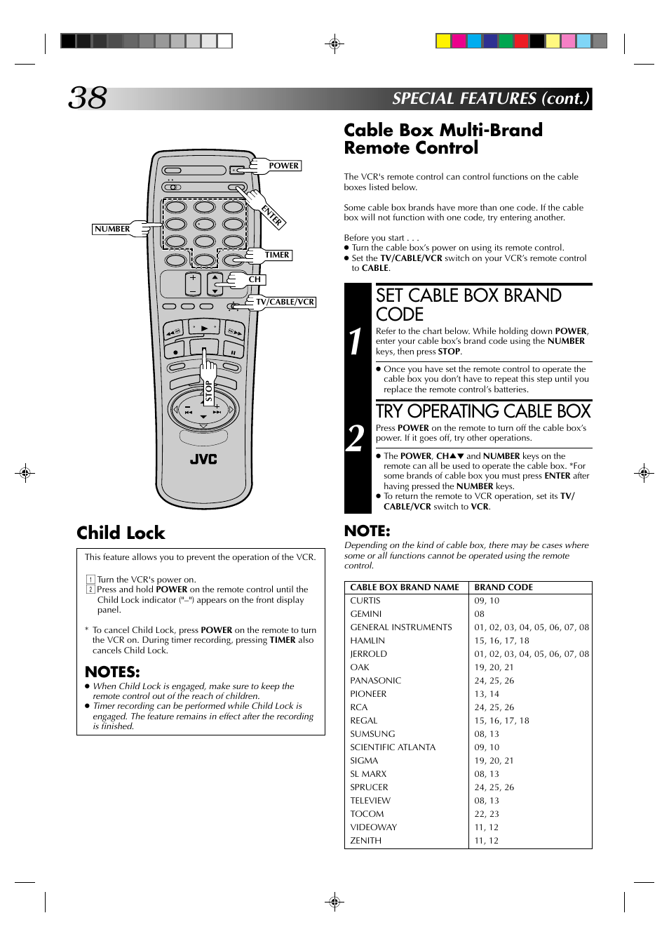 Set cable box brand code, Try operating cable box, Cable box multi-brand remote control | Special features (cont.), Child lock | JVC HR-J633U User Manual | Page 38 / 48