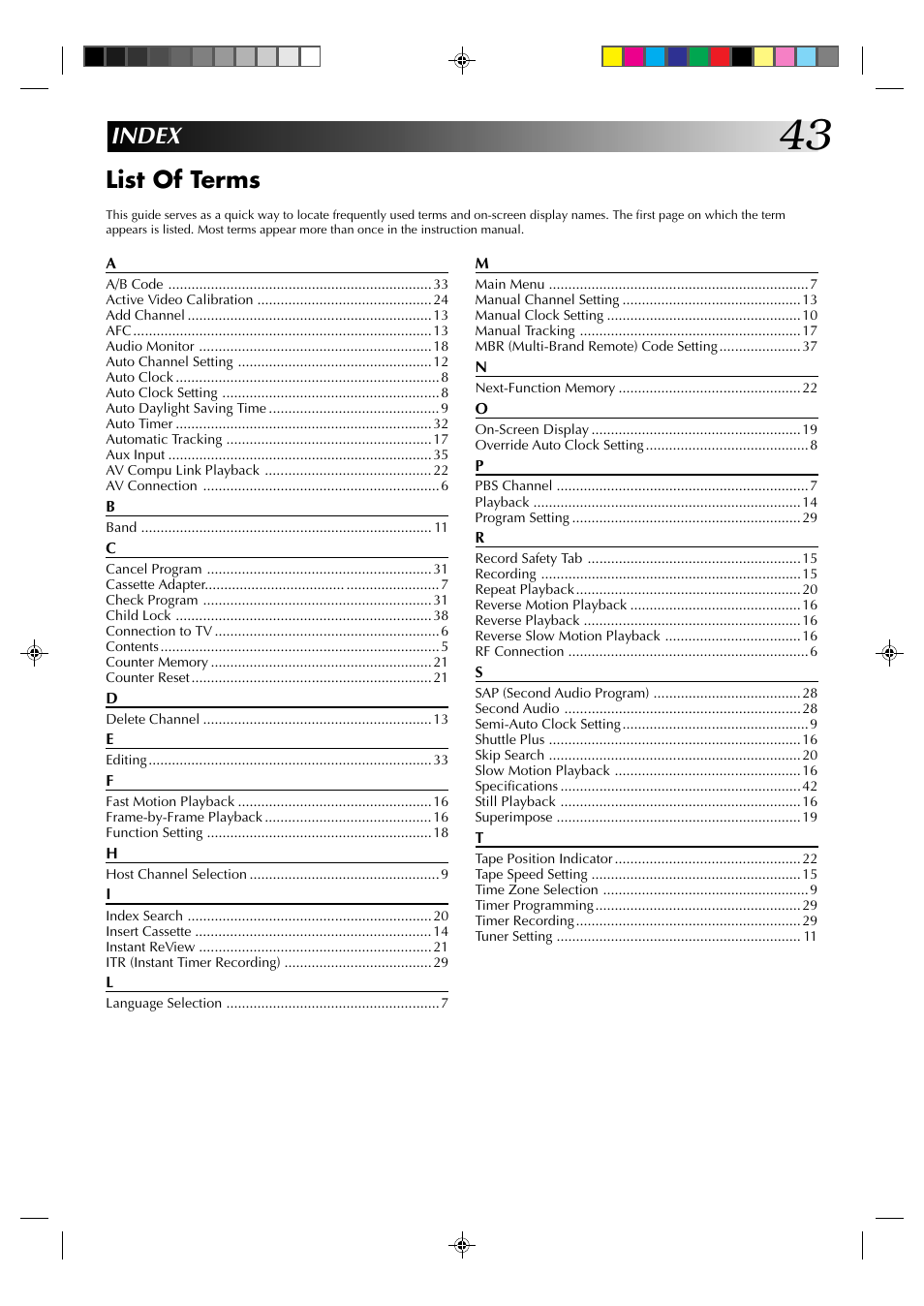 Index list of terms | JVC HR-J633U User Manual | Page 43 / 48