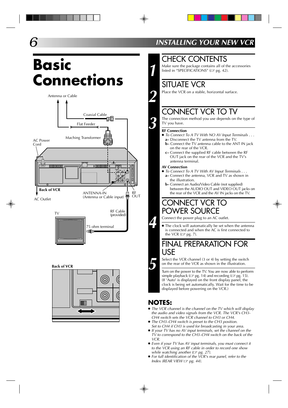 Basic connections, Check contents, Situate vcr | Connect vcr to tv, Connect vcr to power source, Final preparation for use, Installing your new vcr | JVC HR-J633U User Manual | Page 6 / 48