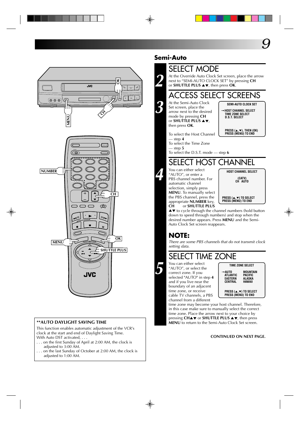 Select mode, Access select screens, Select host channel | Select time zone, Semi-auto | JVC HR-J633U User Manual | Page 9 / 48