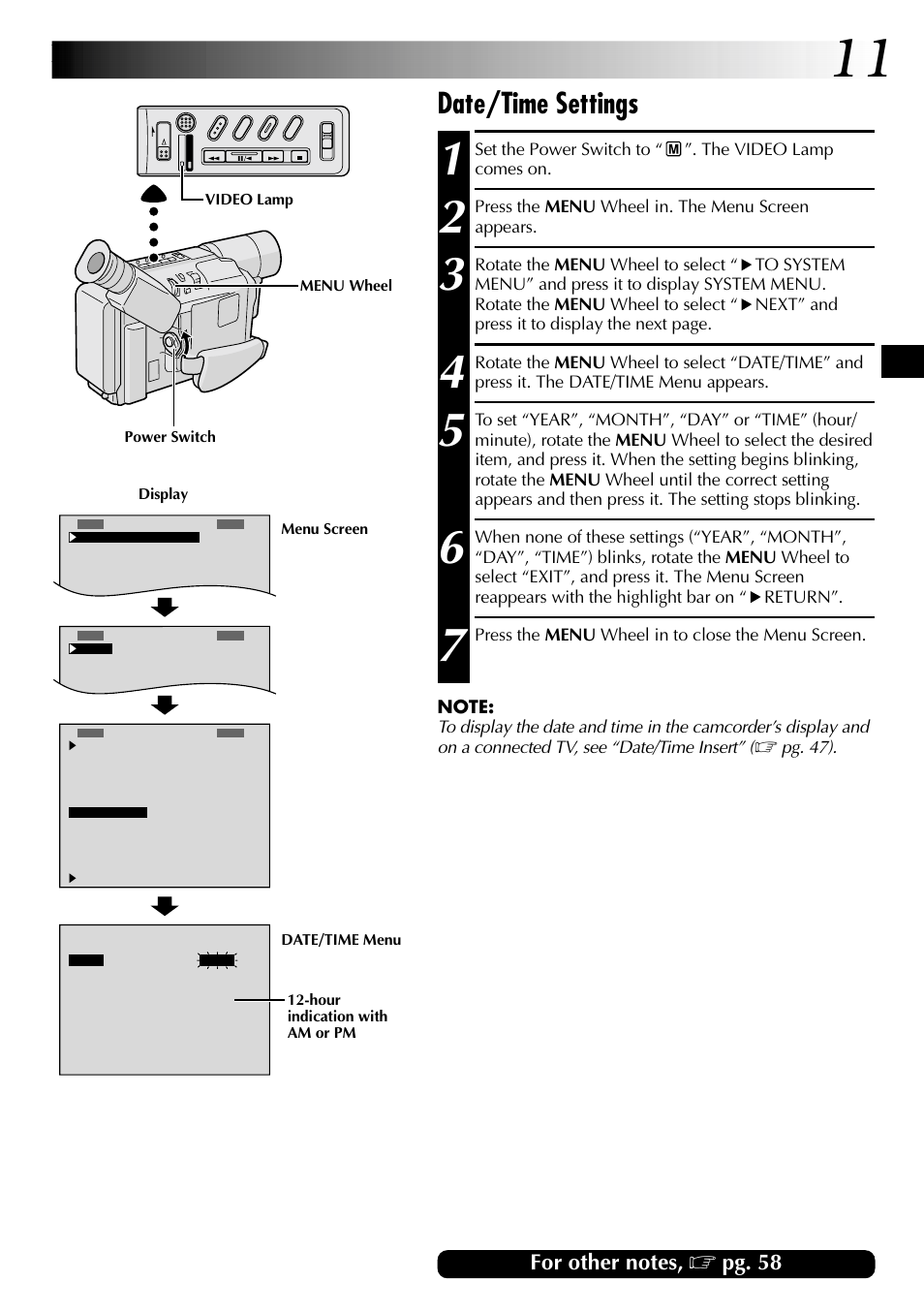 Date/time settings, Pg. 58 | JVC COMPACT GR-SXM735 User Manual | Page 11 / 76