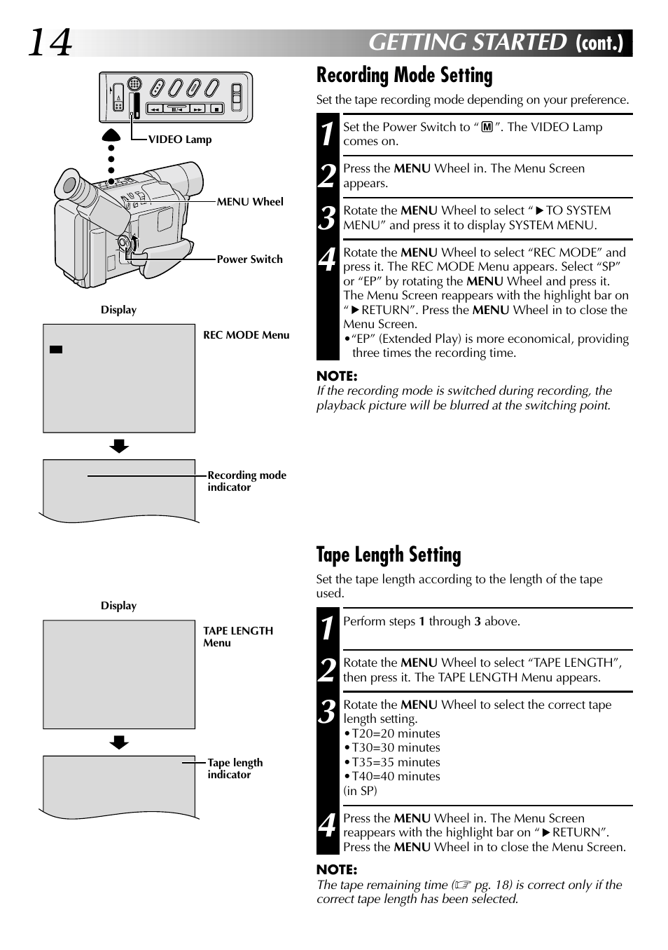 Getting started, Cont.), Tape length setting | Recording mode setting | JVC COMPACT GR-SXM735 User Manual | Page 14 / 76