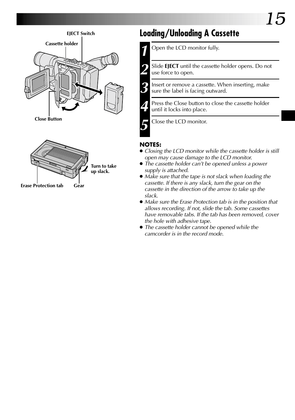 Loading/unloading a cassette | JVC COMPACT GR-SXM735 User Manual | Page 15 / 76