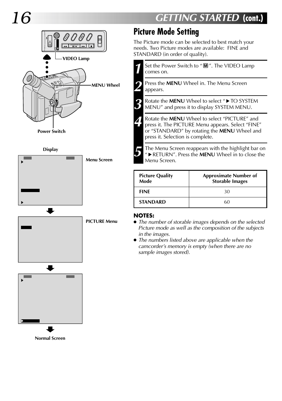 Getting started, Picture mode setting, Cont.) | JVC COMPACT GR-SXM735 User Manual | Page 16 / 76