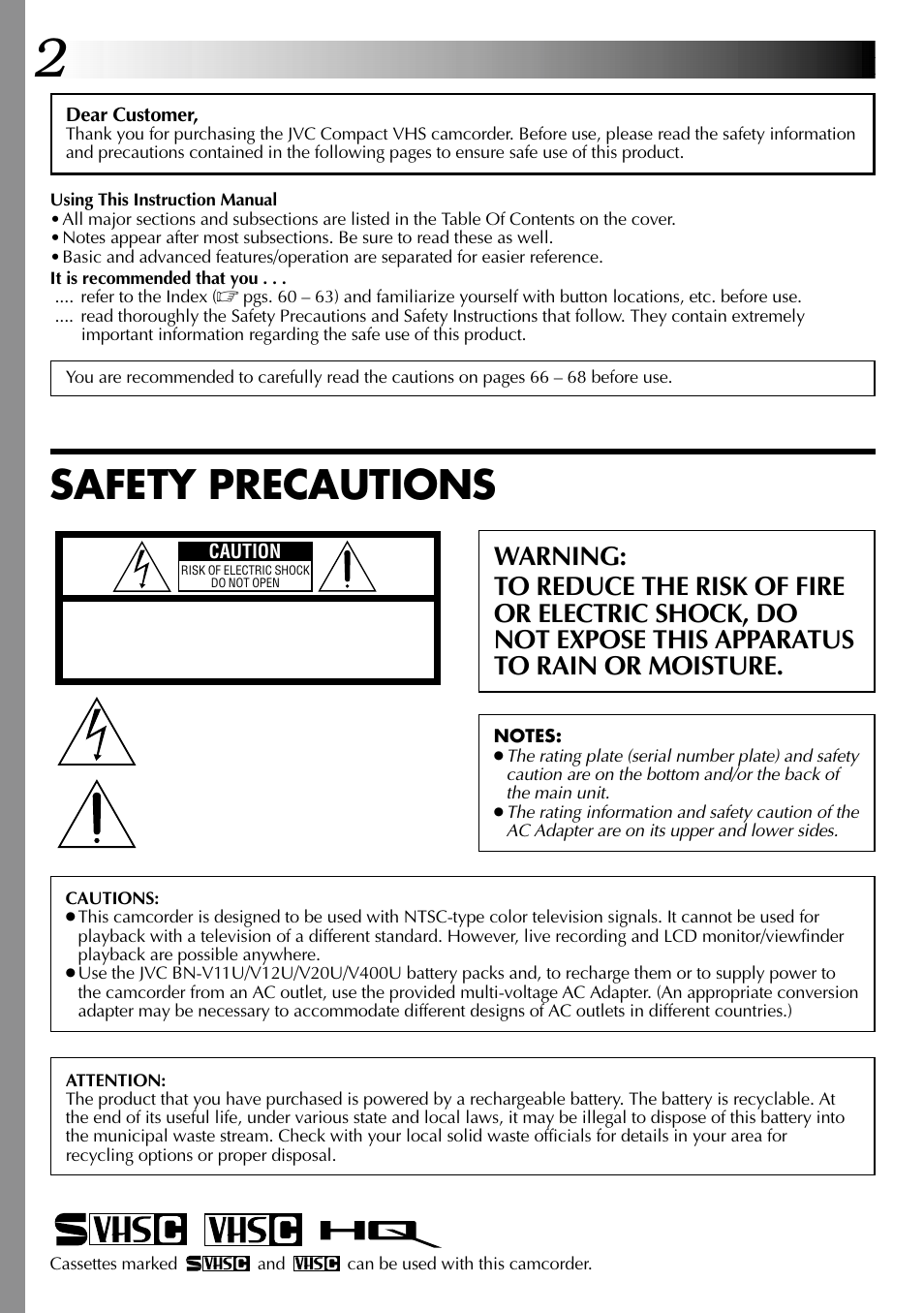 Safety precautions | JVC COMPACT GR-SXM735 User Manual | Page 2 / 76