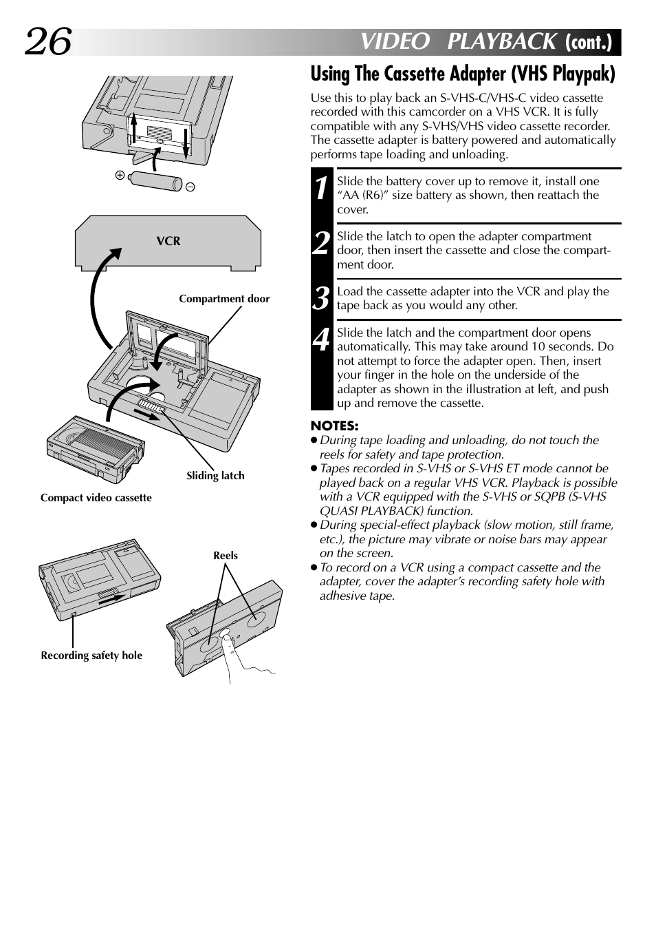 Video playback, Cont.), Using the cassette adapter (vhs playpak) | JVC COMPACT GR-SXM735 User Manual | Page 26 / 76
