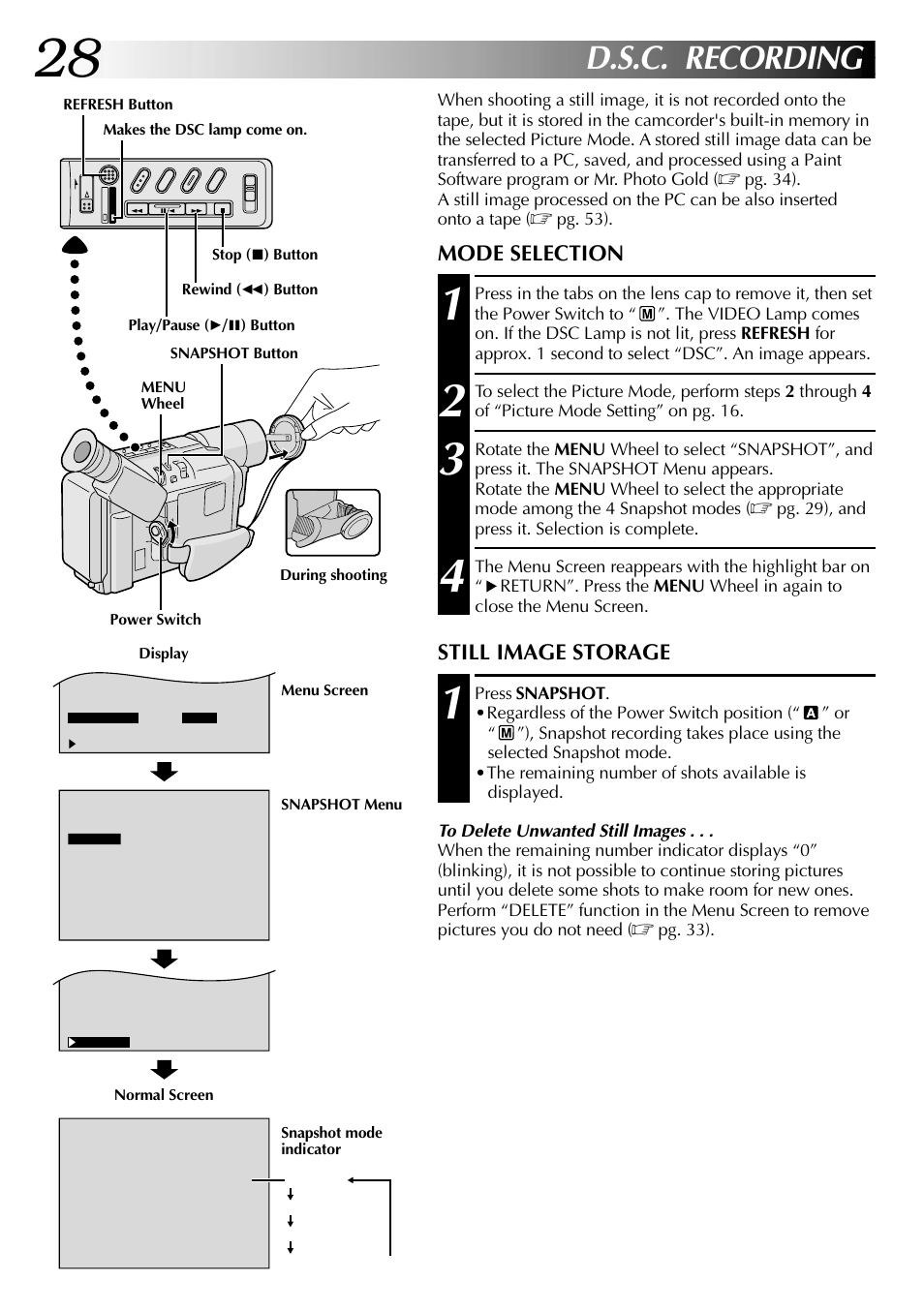 D.s.c. recording, Mode selection, Still image storage | JVC COMPACT GR-SXM735 User Manual | Page 28 / 76
