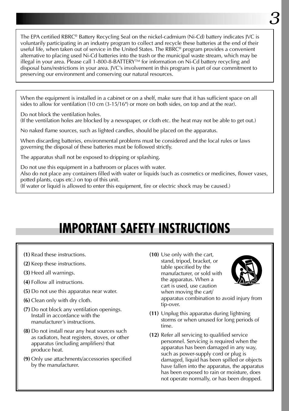 Important safety instructions | JVC COMPACT GR-SXM735 User Manual | Page 3 / 76