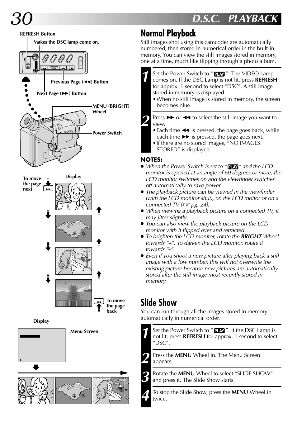 D.s.c. playback, Normal playback, Slide show | JVC COMPACT GR-SXM735 User Manual | Page 30 / 76