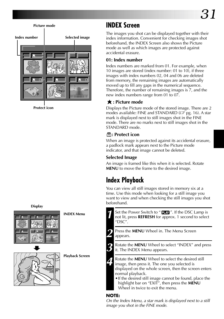 Index screen, Index playback | JVC COMPACT GR-SXM735 User Manual | Page 31 / 76