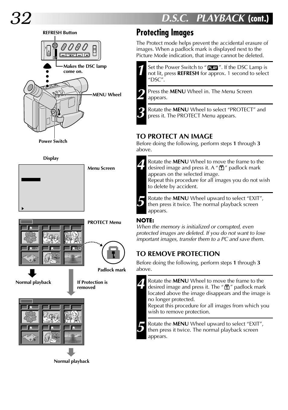 D.s.c. playback, Protecting images, Cont.) | JVC COMPACT GR-SXM735 User Manual | Page 32 / 76