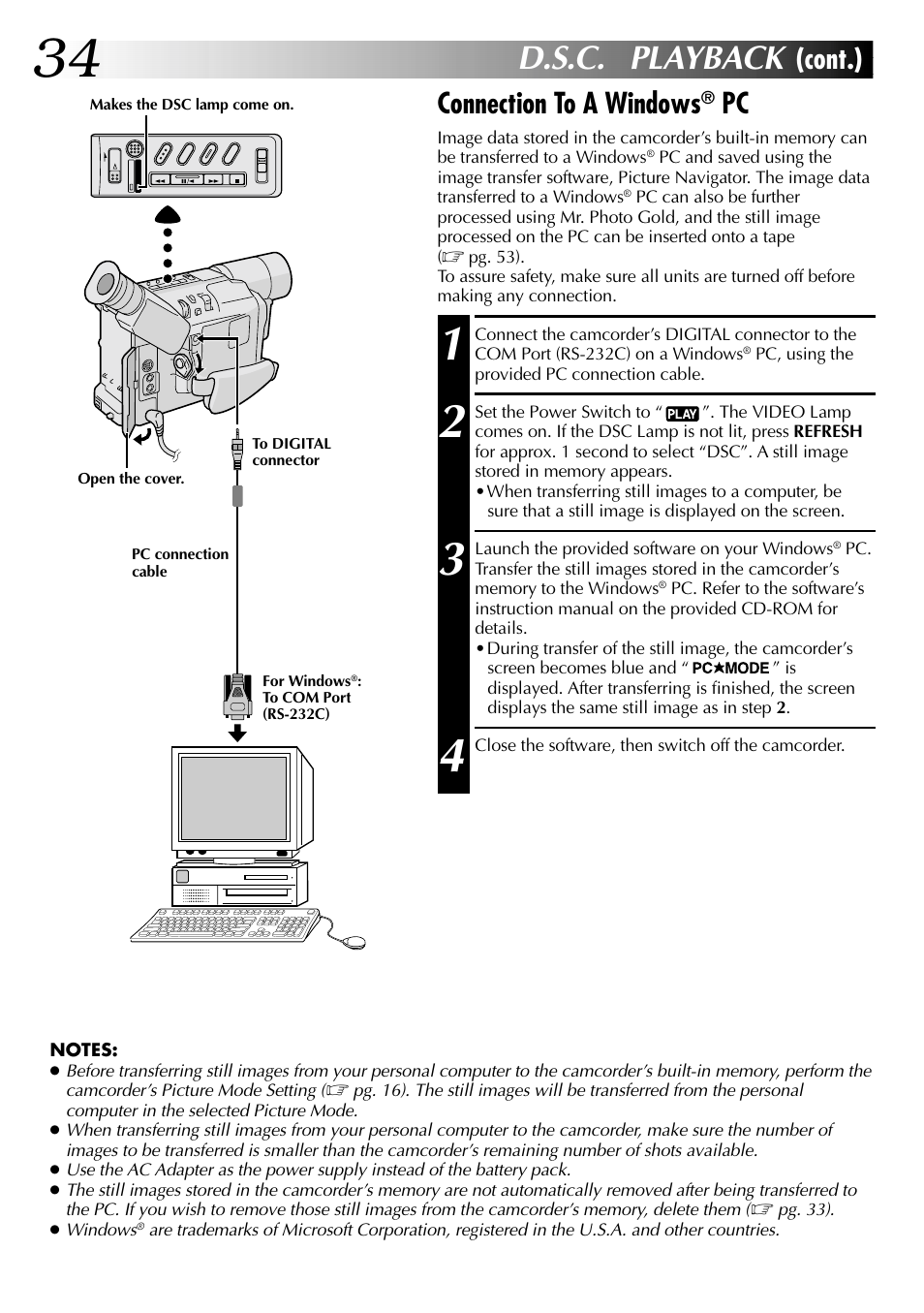 D.s.c. playback, Connection to a windows, Cont.) | JVC COMPACT GR-SXM735 User Manual | Page 34 / 76