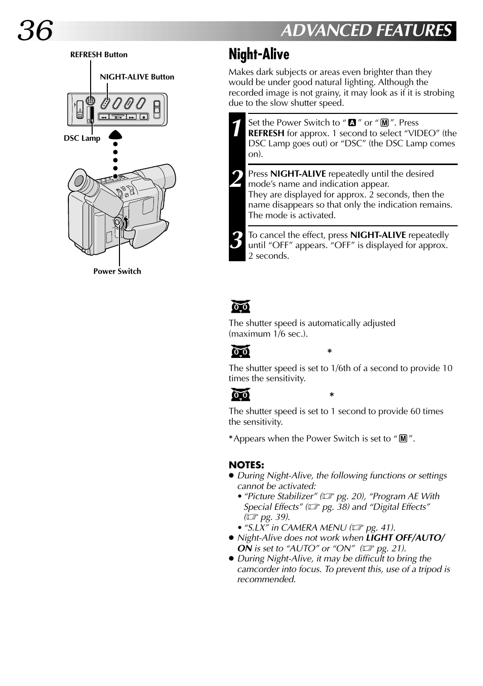 Advanced features, Night-alive | JVC COMPACT GR-SXM735 User Manual | Page 36 / 76