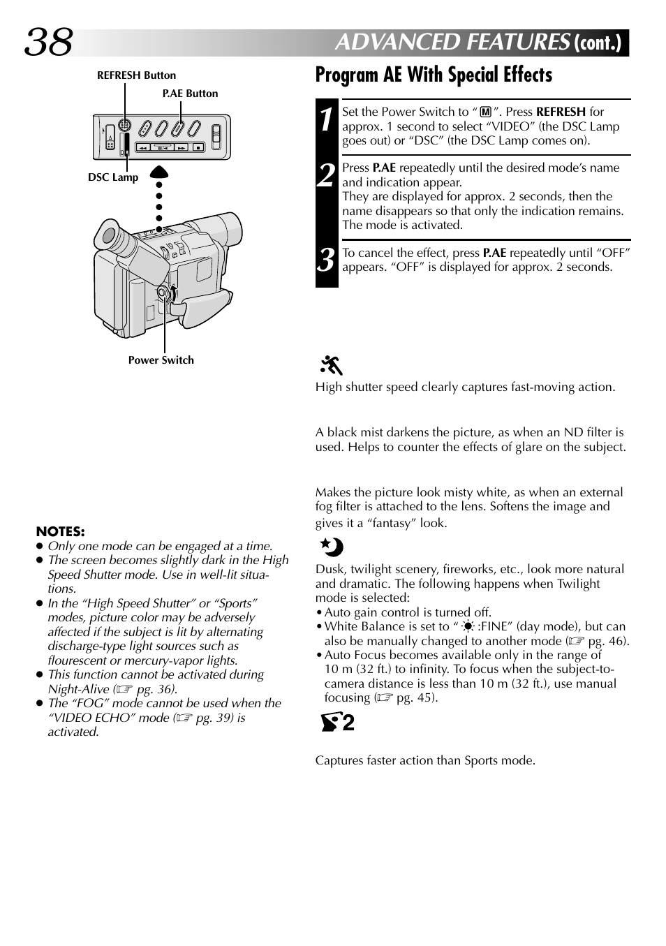 Advanced features, Program ae with special effects, Cont.) | JVC COMPACT GR-SXM735 User Manual | Page 38 / 76