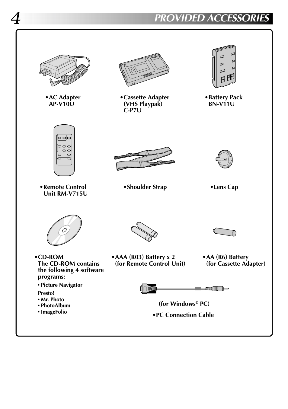 Provided accessories | JVC COMPACT GR-SXM735 User Manual | Page 4 / 76