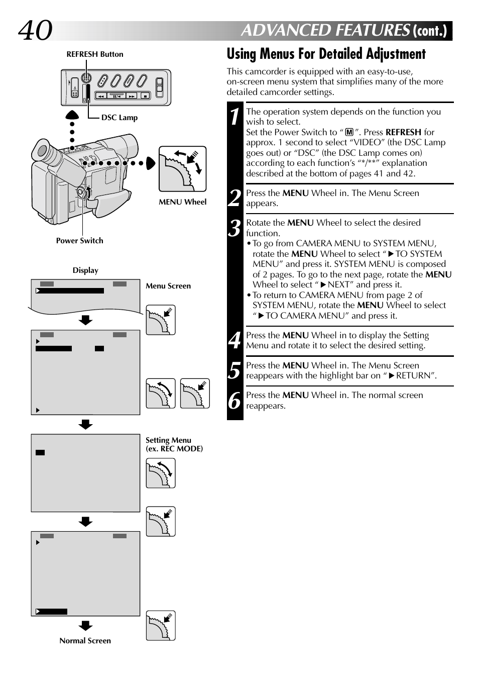 Advanced features, Using menus for detailed adjustment, Cont.) | JVC COMPACT GR-SXM735 User Manual | Page 40 / 76