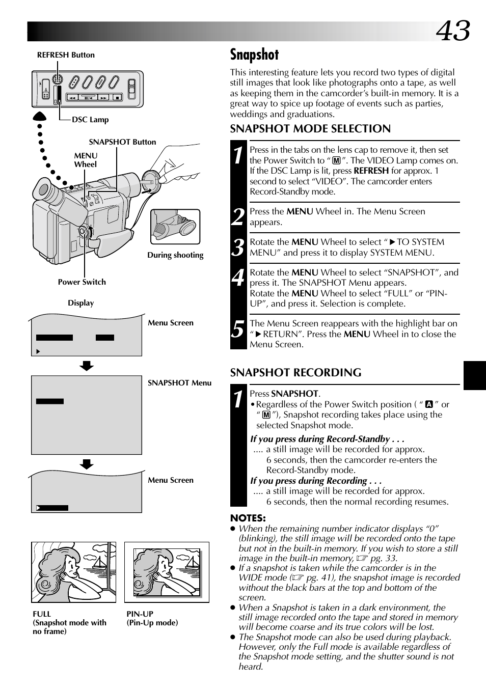 Snapshot, Snapshot mode selection, Snapshot recording | JVC COMPACT GR-SXM735 User Manual | Page 43 / 76