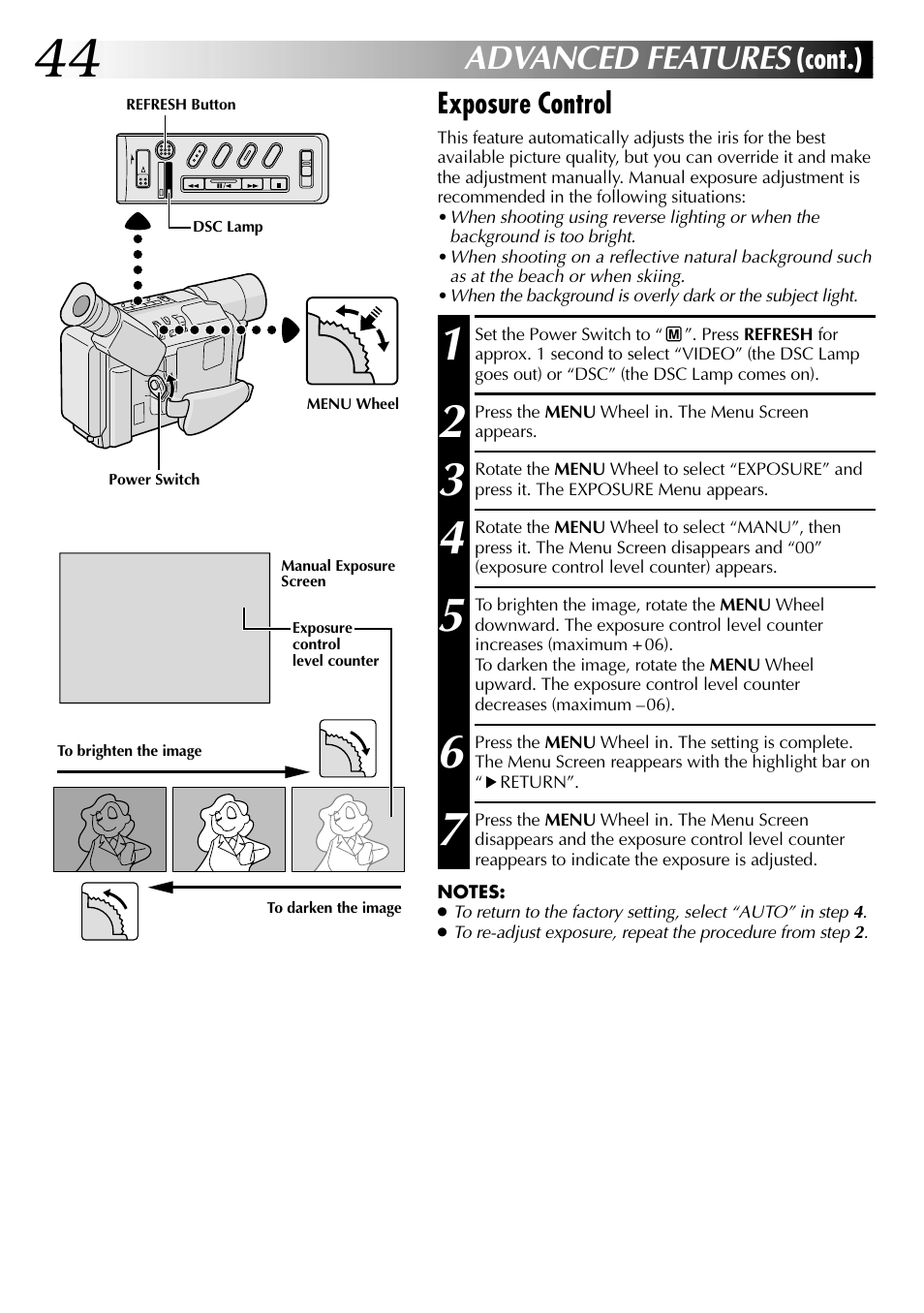 Advanced features, Exposure control, Cont.) | JVC COMPACT GR-SXM735 User Manual | Page 44 / 76