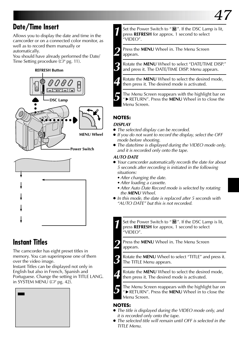 Instant titles, Date/time insert | JVC COMPACT GR-SXM735 User Manual | Page 47 / 76