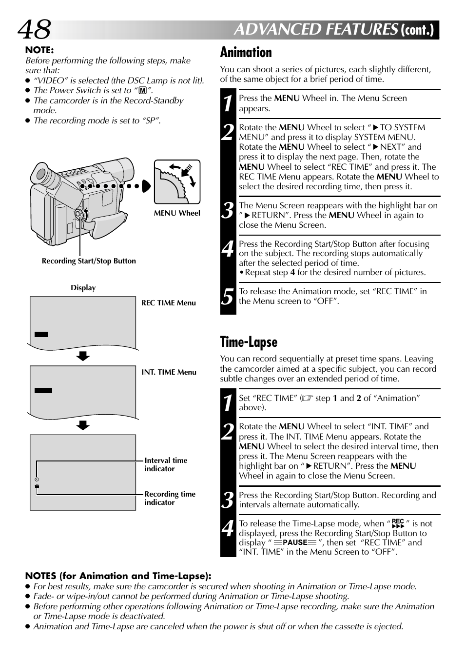 Advanced features, Cont.), Animation | Time-lapse | JVC COMPACT GR-SXM735 User Manual | Page 48 / 76