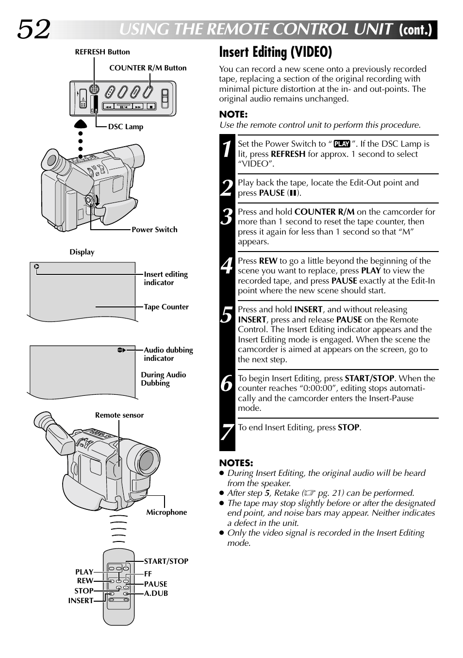 Using the remote control unit, Insert editing (video), Cont.) | JVC COMPACT GR-SXM735 User Manual | Page 52 / 76