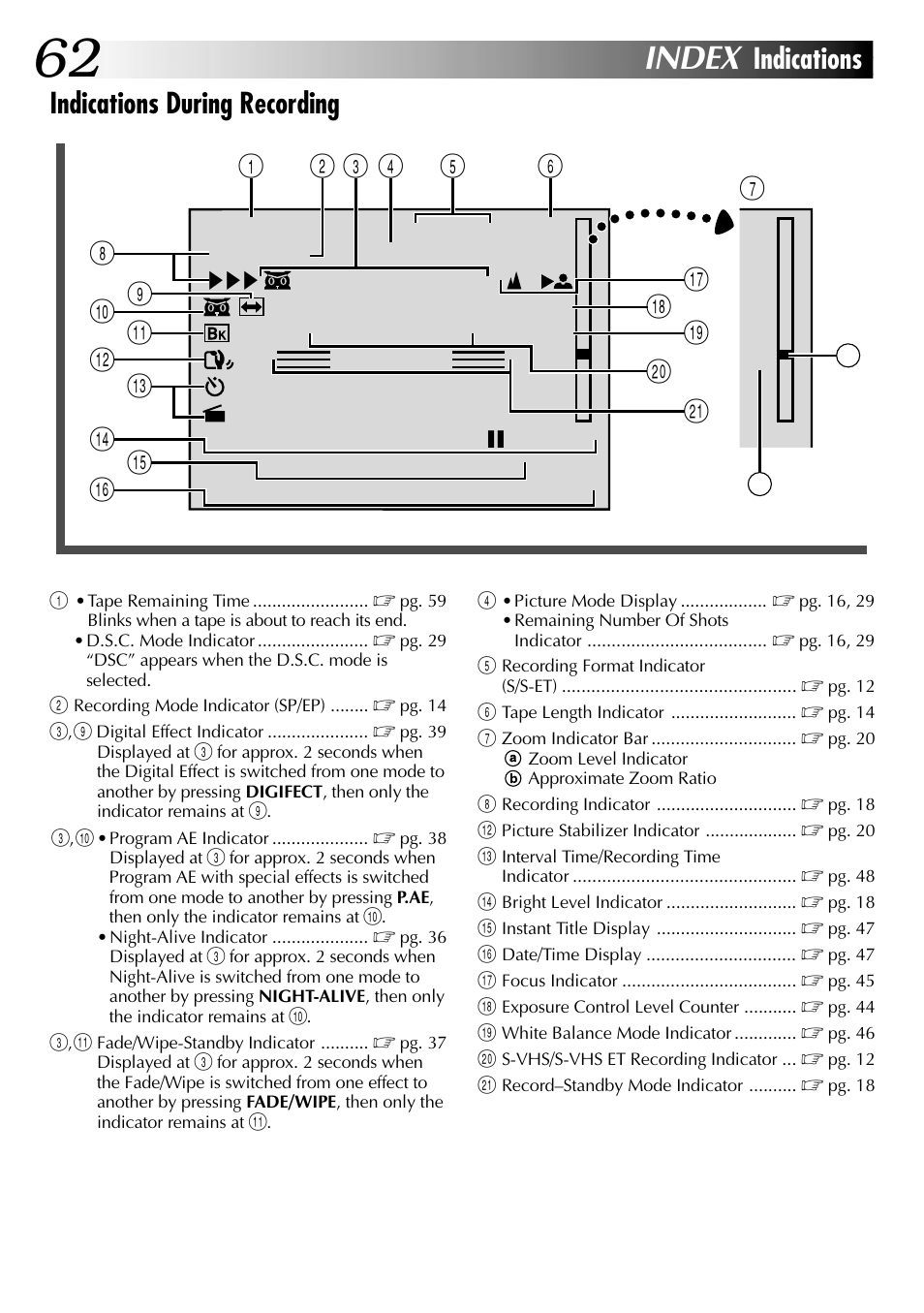 Index, Indications, Indications during recording | Bd 2 e, 5 1 r e 0 c, 81 x | JVC COMPACT GR-SXM735 User Manual | Page 62 / 76