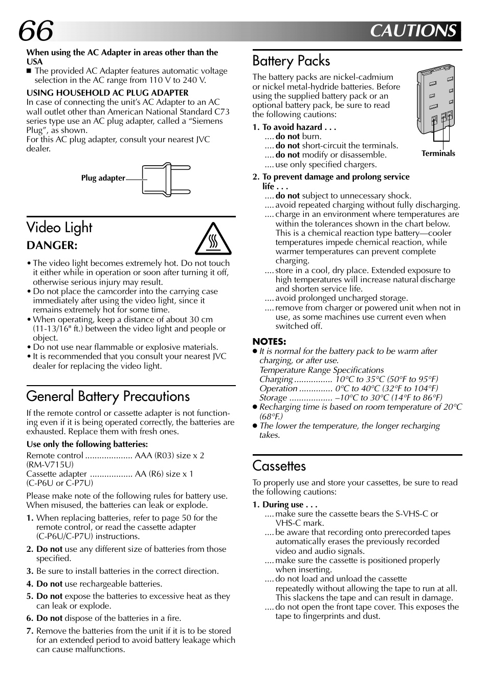 Cautions, Video light, General battery precautions | Battery packs, Cassettes | JVC COMPACT GR-SXM735 User Manual | Page 66 / 76