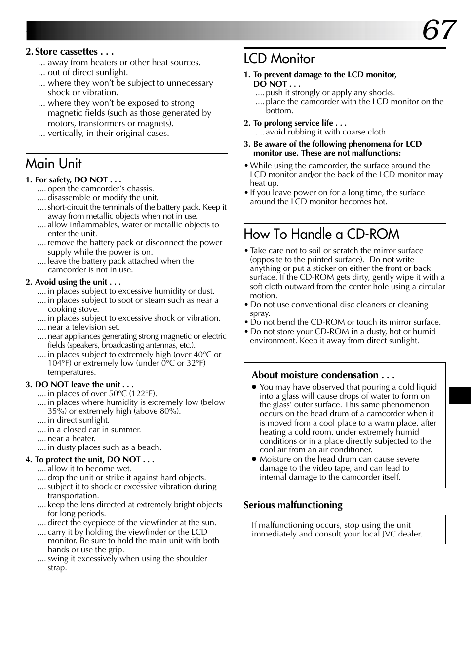 Main unit, Lcd monitor, How to handle a cd-rom | JVC COMPACT GR-SXM735 User Manual | Page 67 / 76