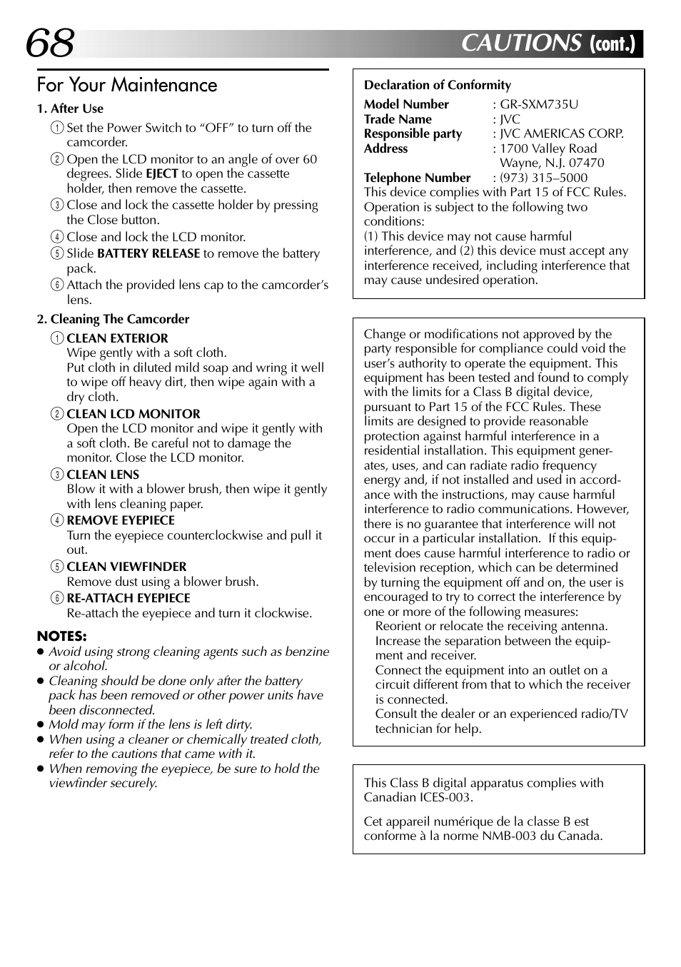 Cautions, Cont.), For your maintenance | JVC COMPACT GR-SXM735 User Manual | Page 68 / 76