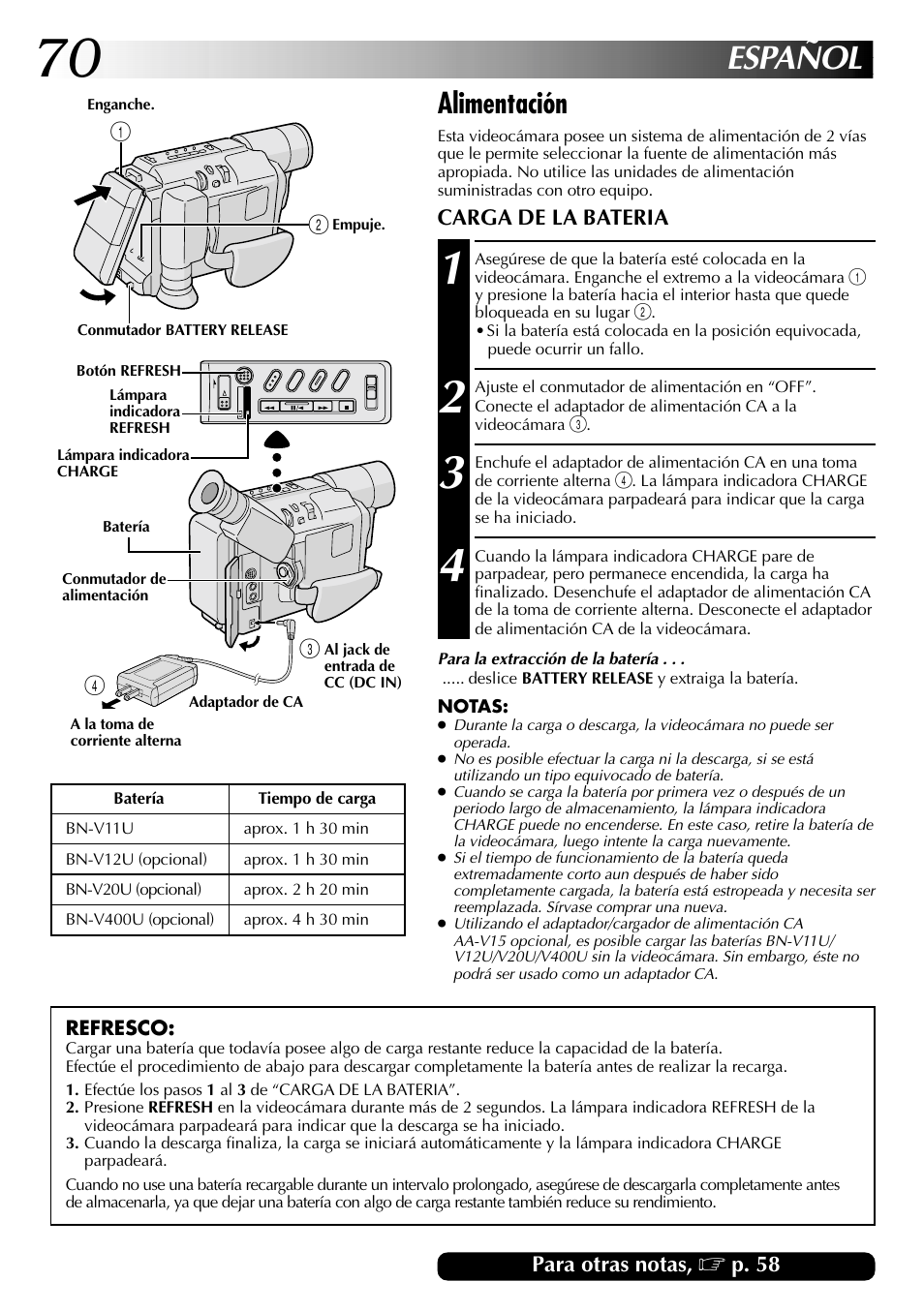 Español, Alimentación | JVC COMPACT GR-SXM735 User Manual | Page 70 / 76