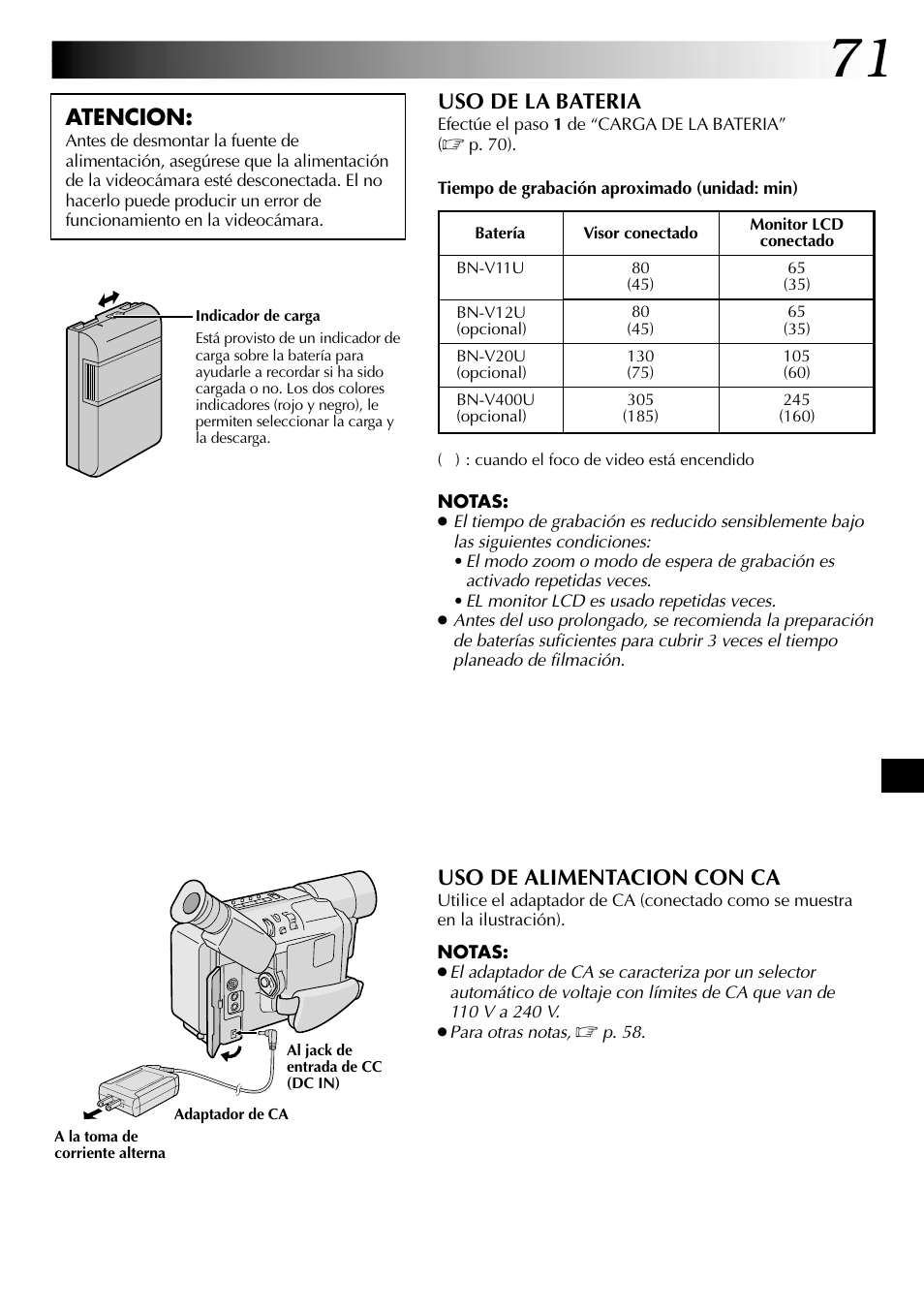 Uso de alimentacion con ca, Atencion, Uso de la bateria | JVC COMPACT GR-SXM735 User Manual | Page 71 / 76