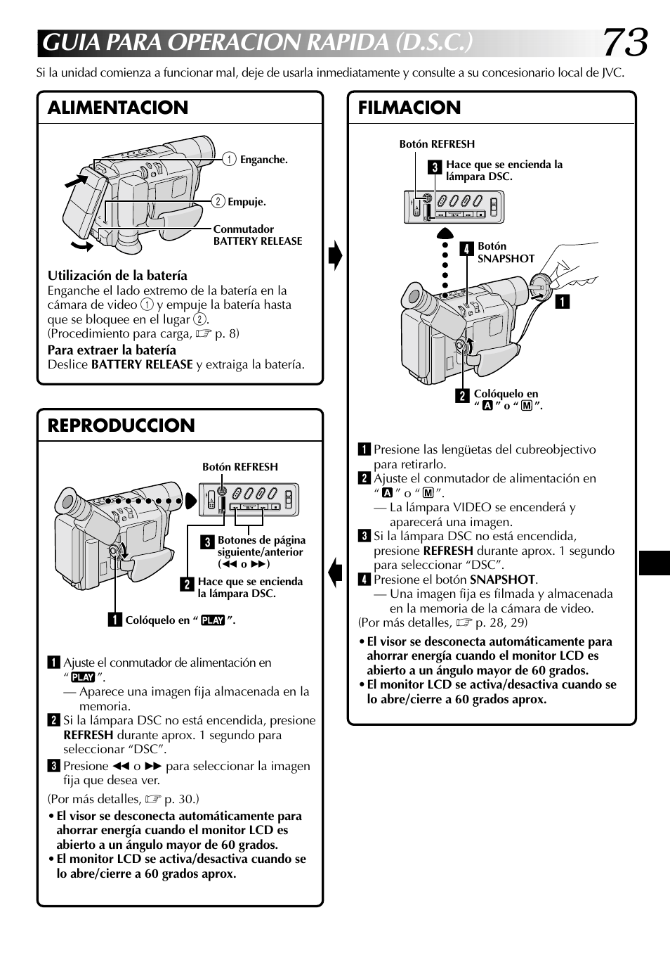 Guia para operacion rapida (d.s.c.), Alimentacion reproduccion filmacion | JVC COMPACT GR-SXM735 User Manual | Page 73 / 76