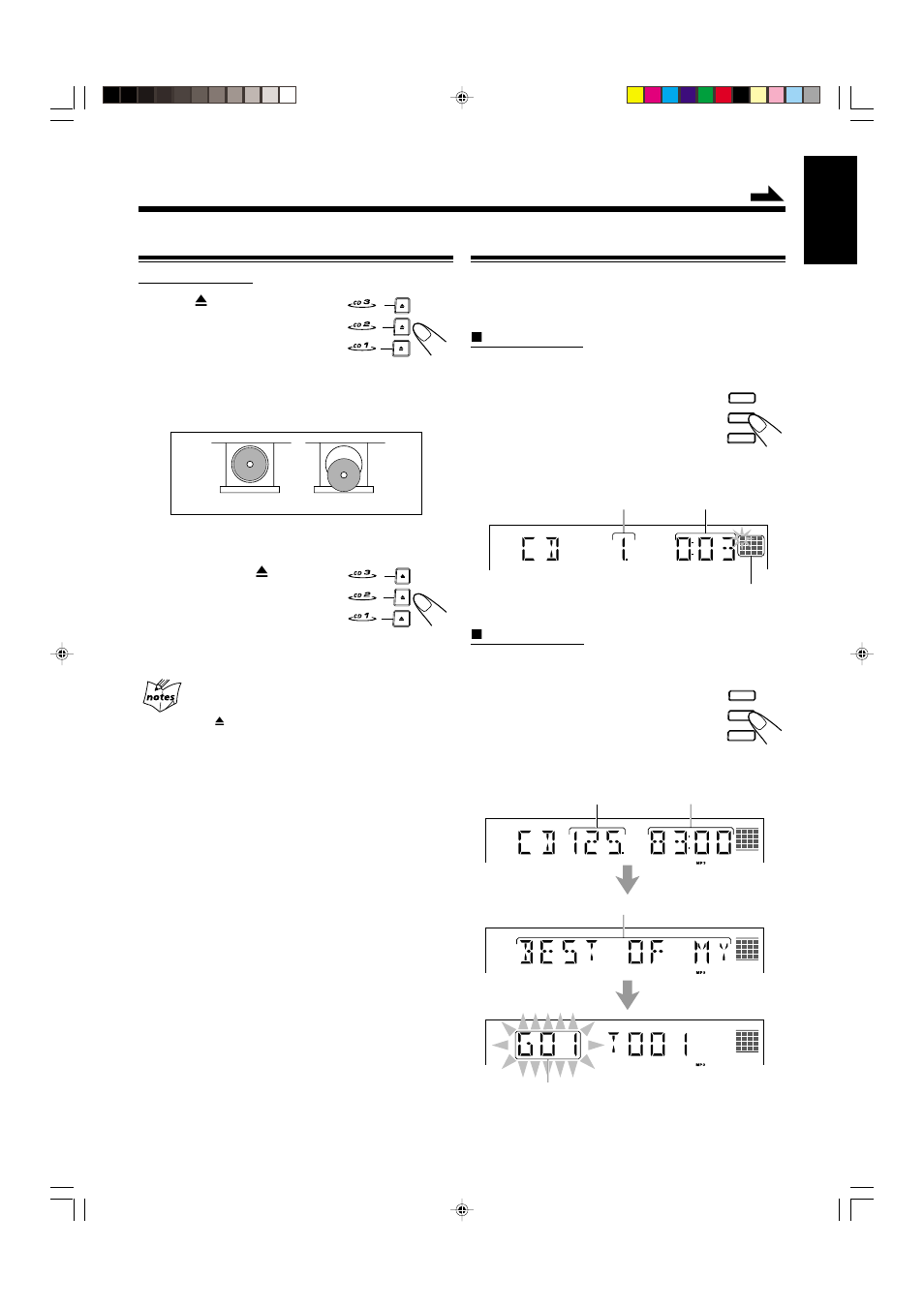 Playing back discs, Loading discs, Playing back the entire discs—continuous play | 7 for audio cds, 7 for mp3 discs, English, Press the same 0 you have pressed in step, Repeat steps, Load discs, On the unit only | JVC CA-HXZ9V User Manual | Page 21 / 54