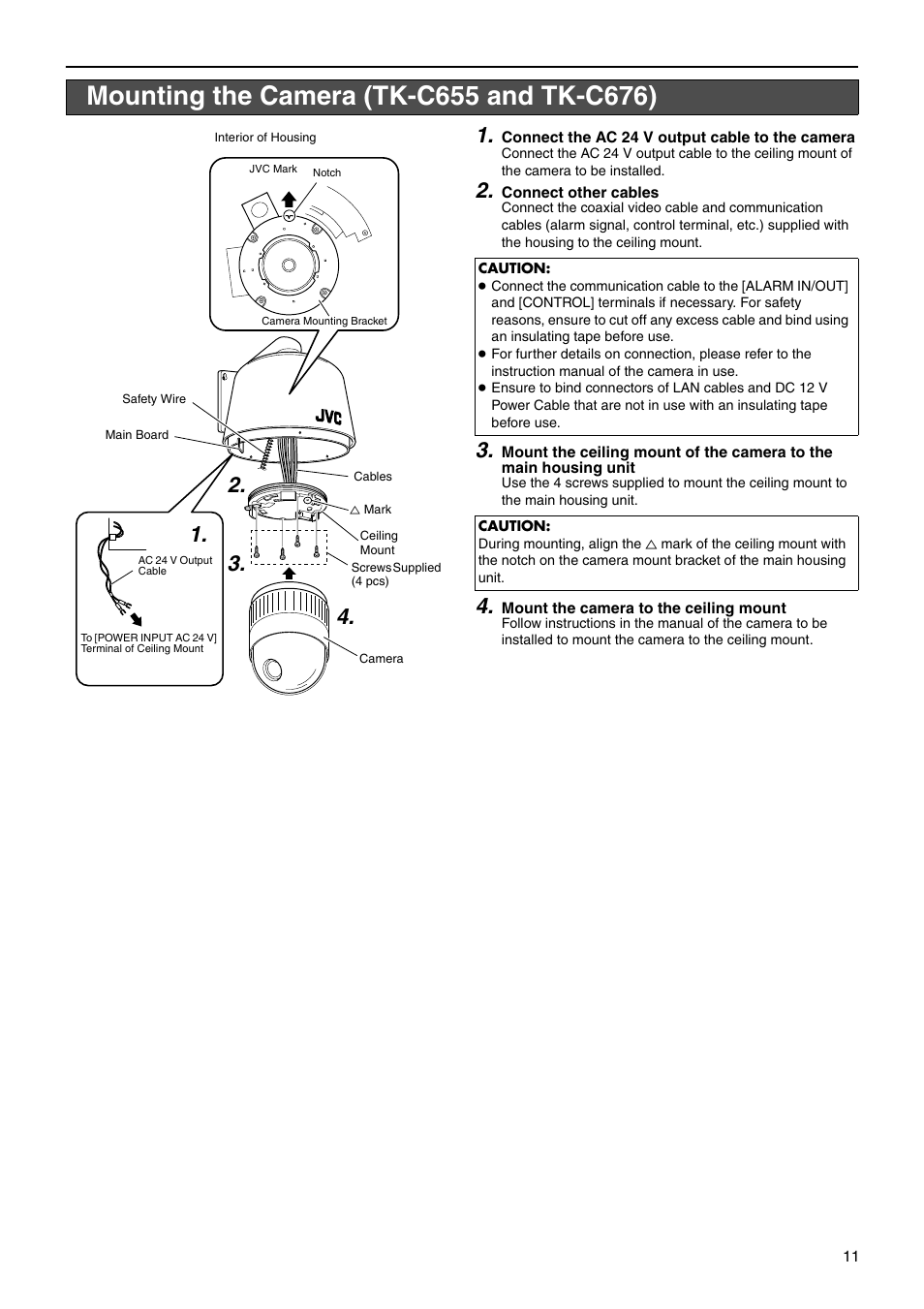 Mounting the camera (tk-c655 and tk-c676), Mounting the camera, Tk-c655 and tk-c676 | JVC WB-1550 User Manual | Page 11 / 16