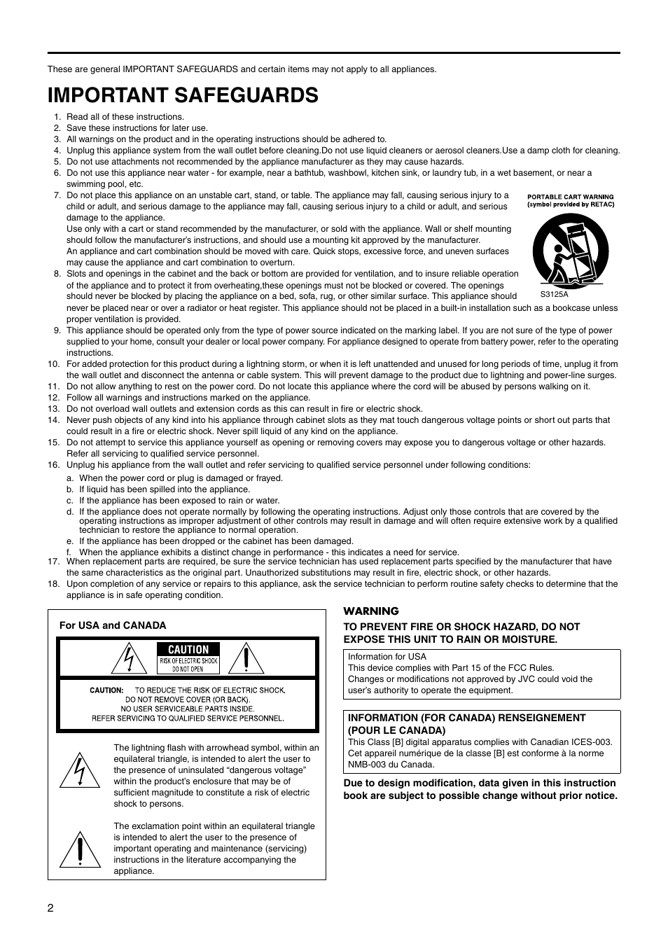 Important safeguards | JVC WB-1550 User Manual | Page 2 / 16