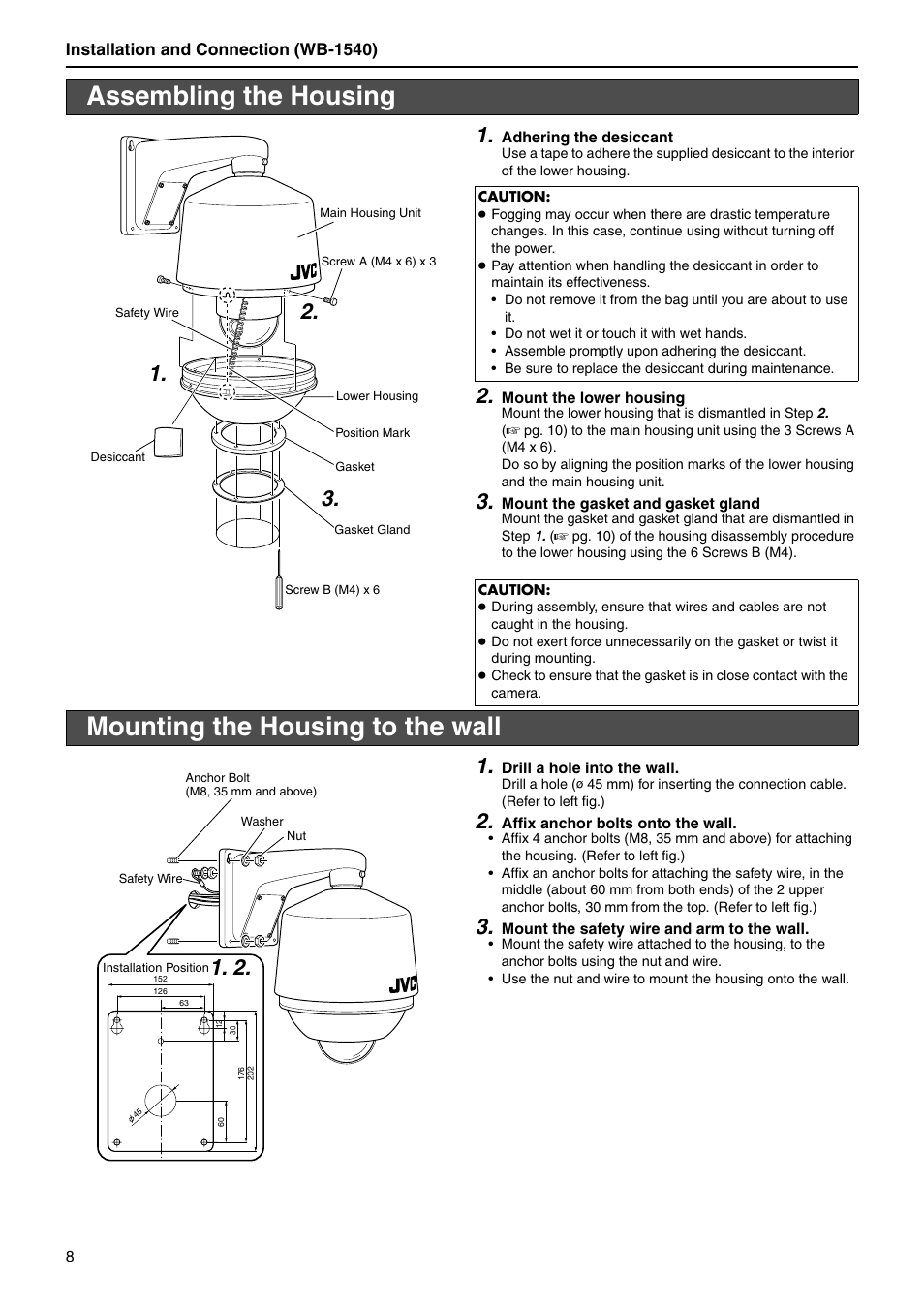 Assembling the housing, Mounting the housing to the wall | JVC WB-1550 User Manual | Page 8 / 16