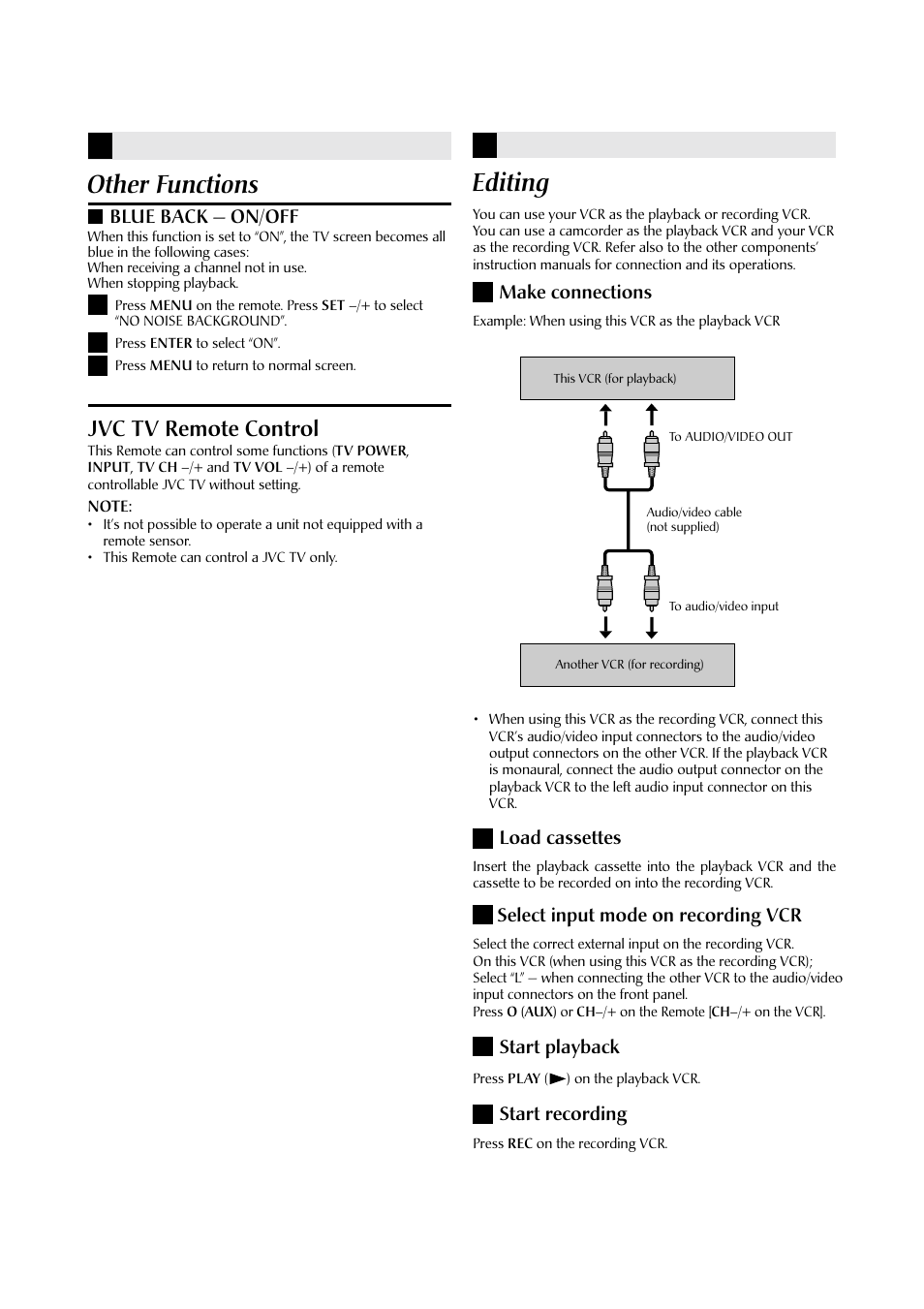 Other functions, Editing, Jvc tv remote control | JVC HR-J4009UM User Manual | Page 11 / 13