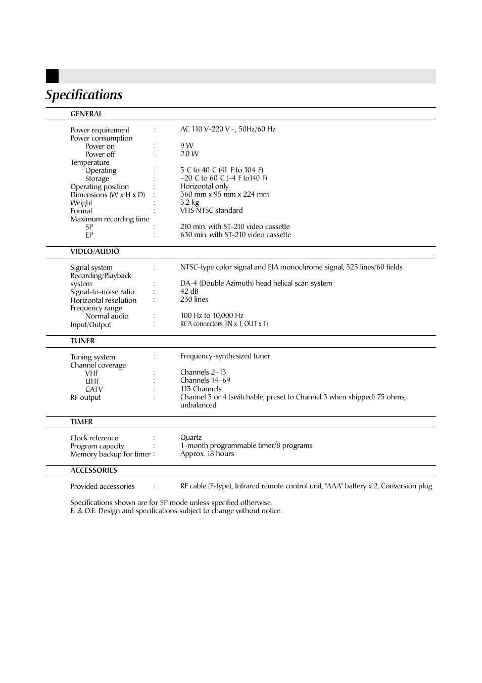 Specifications | JVC HR-J4009UM User Manual | Page 13 / 13