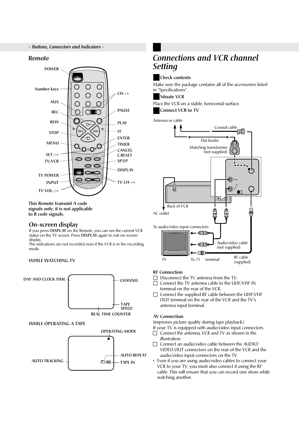 Connections and vcr channel setting, Remote, 12 3 on-screen display | While operating a tape while watching tv, Buttons, connectors and indicators | JVC HR-J4009UM User Manual | Page 4 / 13