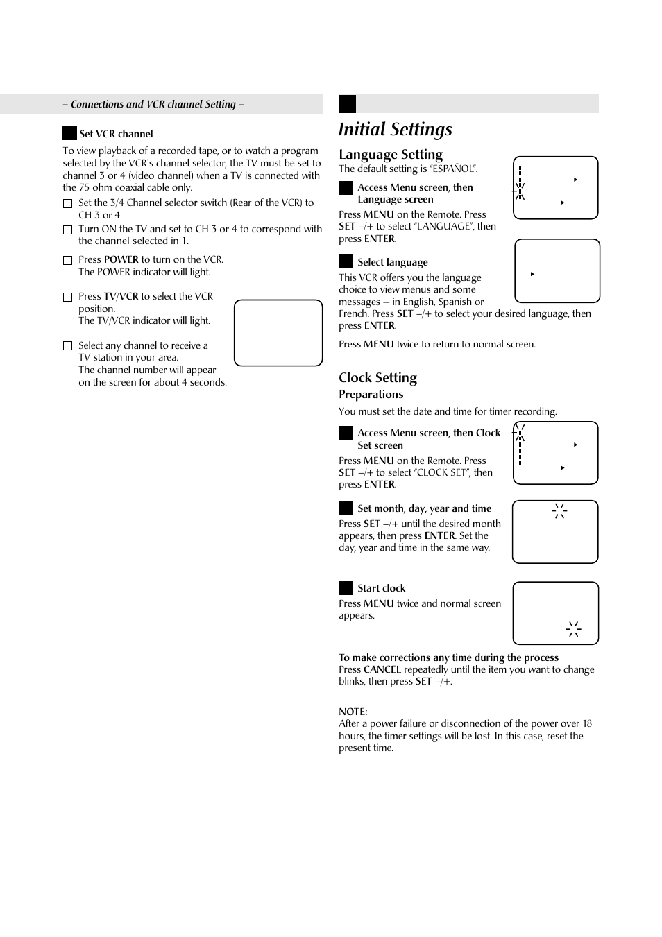 Initial settings, 4language setting, Clock setting | Preparations | JVC HR-J4009UM User Manual | Page 5 / 13